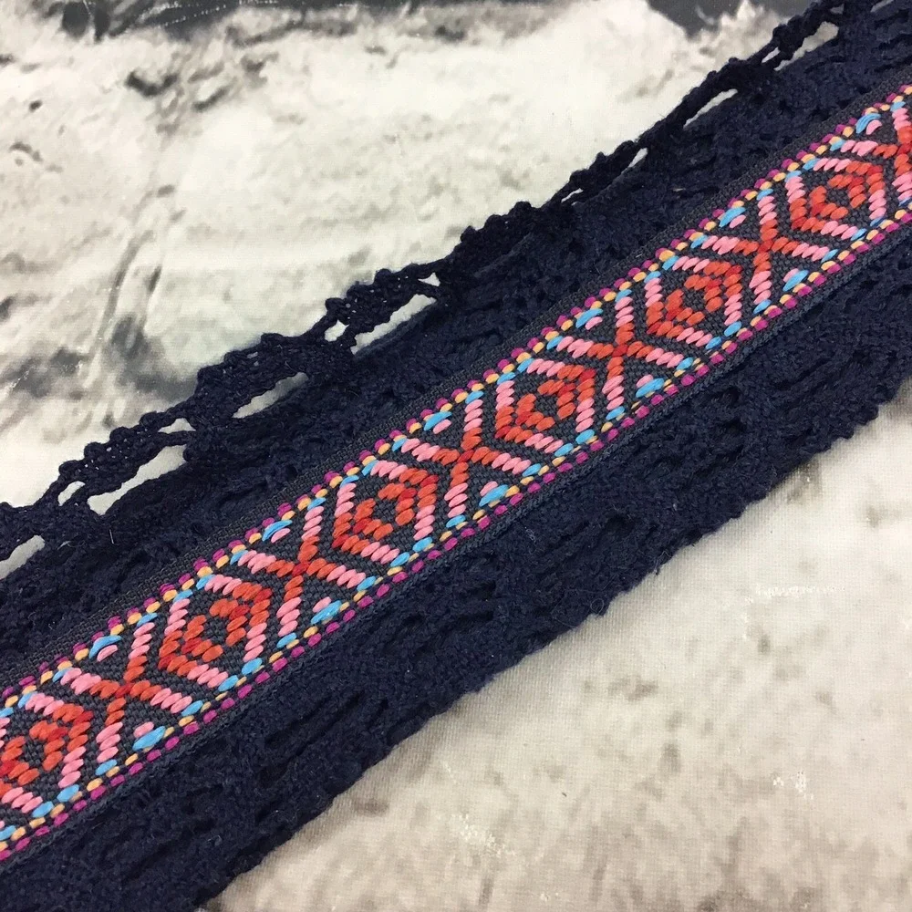 Vtg Sz 15 Fabric Belt‎ Navy Blue Lace Trim Pink Stripe Fits 36-41 Waist Boho